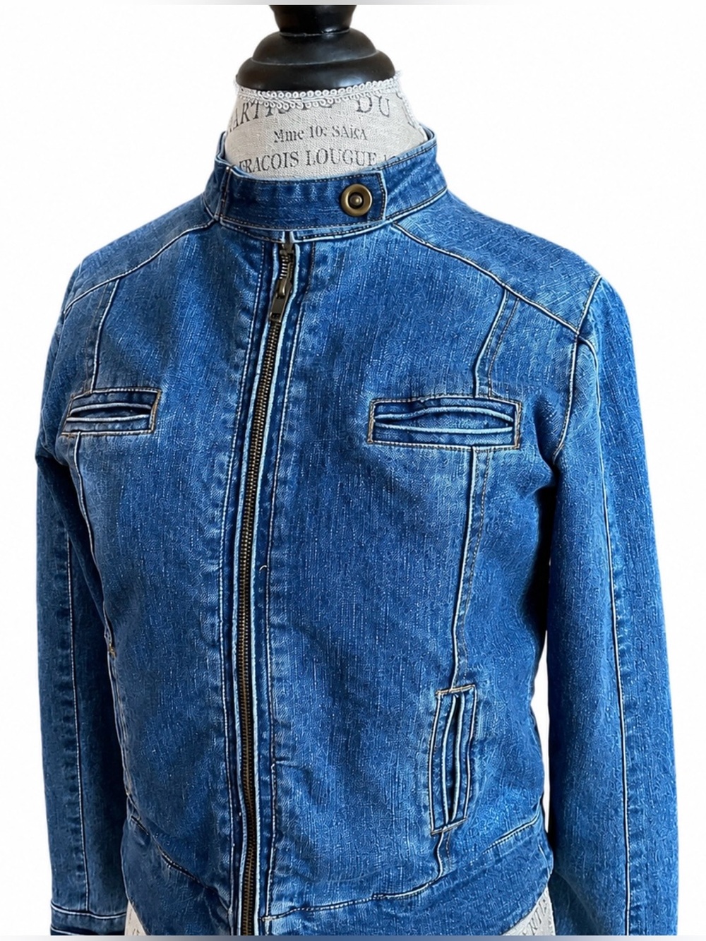 Spanish Harlem Moto Denim Jacket Blue Size M